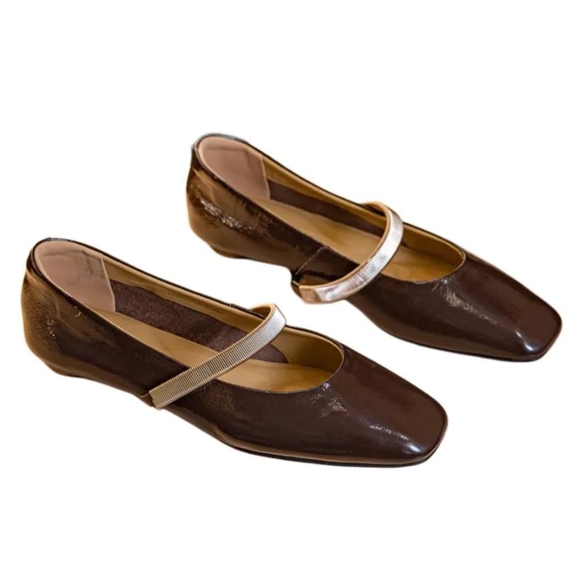 Women's Square Toe Mary Jane Flats Genuine Leather Comfortable Slip-on Flat Shoes Retro Vintage Style