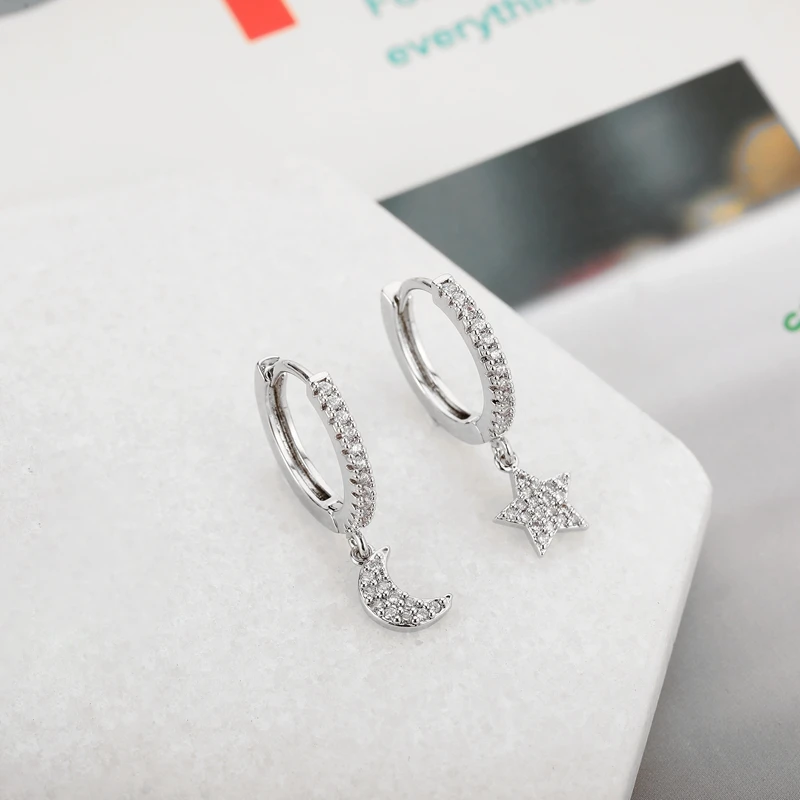 Wholesale Silver Gold Color Cubic Zircon Moon Star Hoop Earrings Shiny Cz Clssic Rainbow Pendant Earrings For Women Jewelry