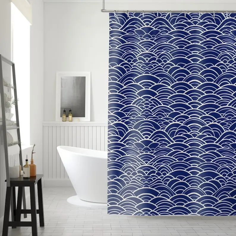 Indigo Seigaiha Shower Curtain: Japanese Wave Pattern Bathroom Decor