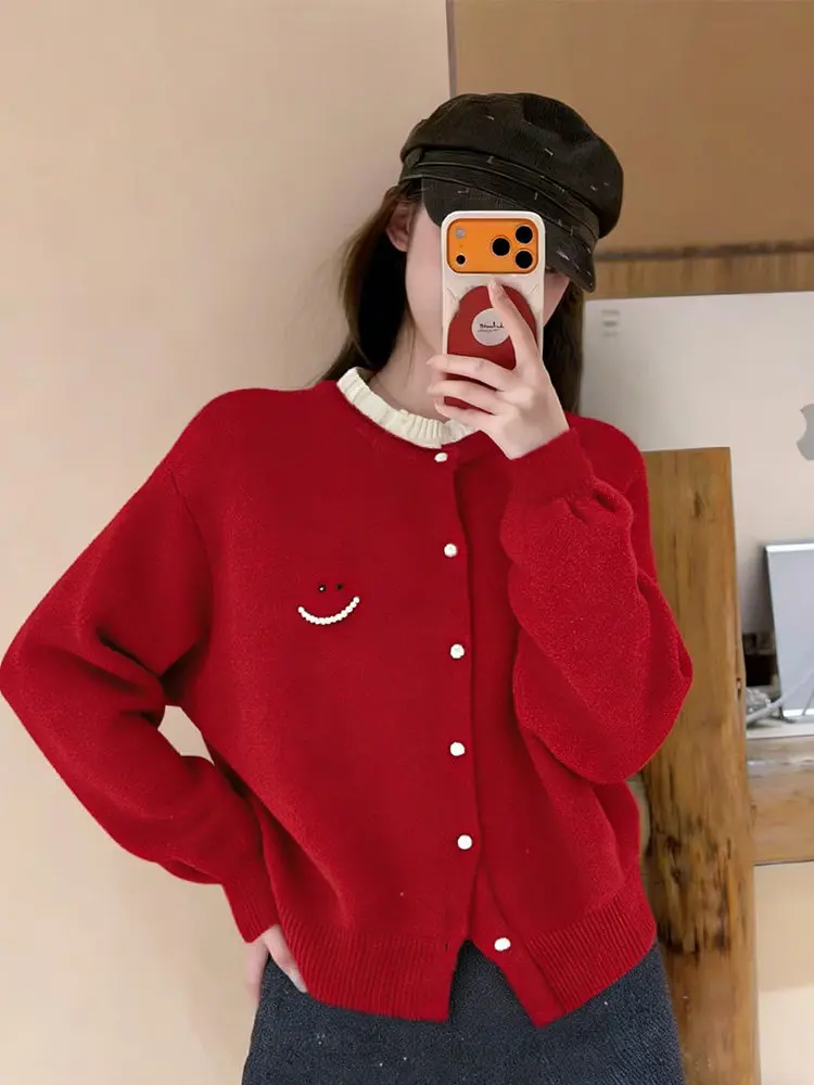 

Korean Design Sensation ort Knitted Pearl Jaet Women's Autumn Winter New Super Beautiful Sweater ort Open Cardigan Top