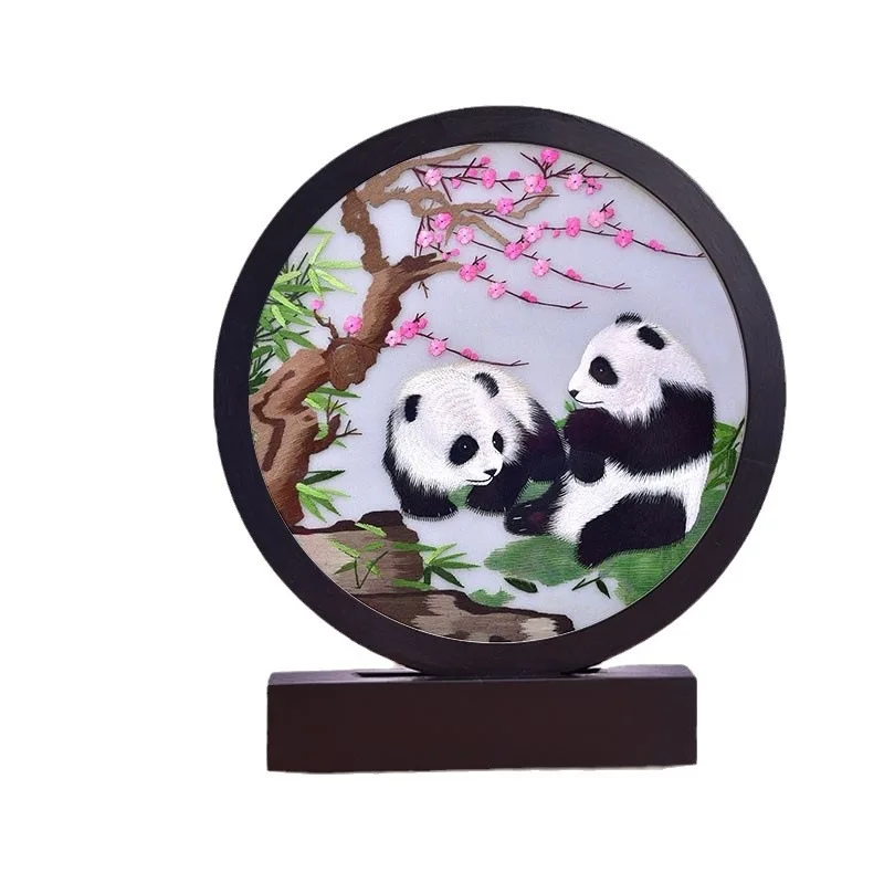 Double-sided hand-embroidered ornament panda screen red sandalwood Chengdu souvenir