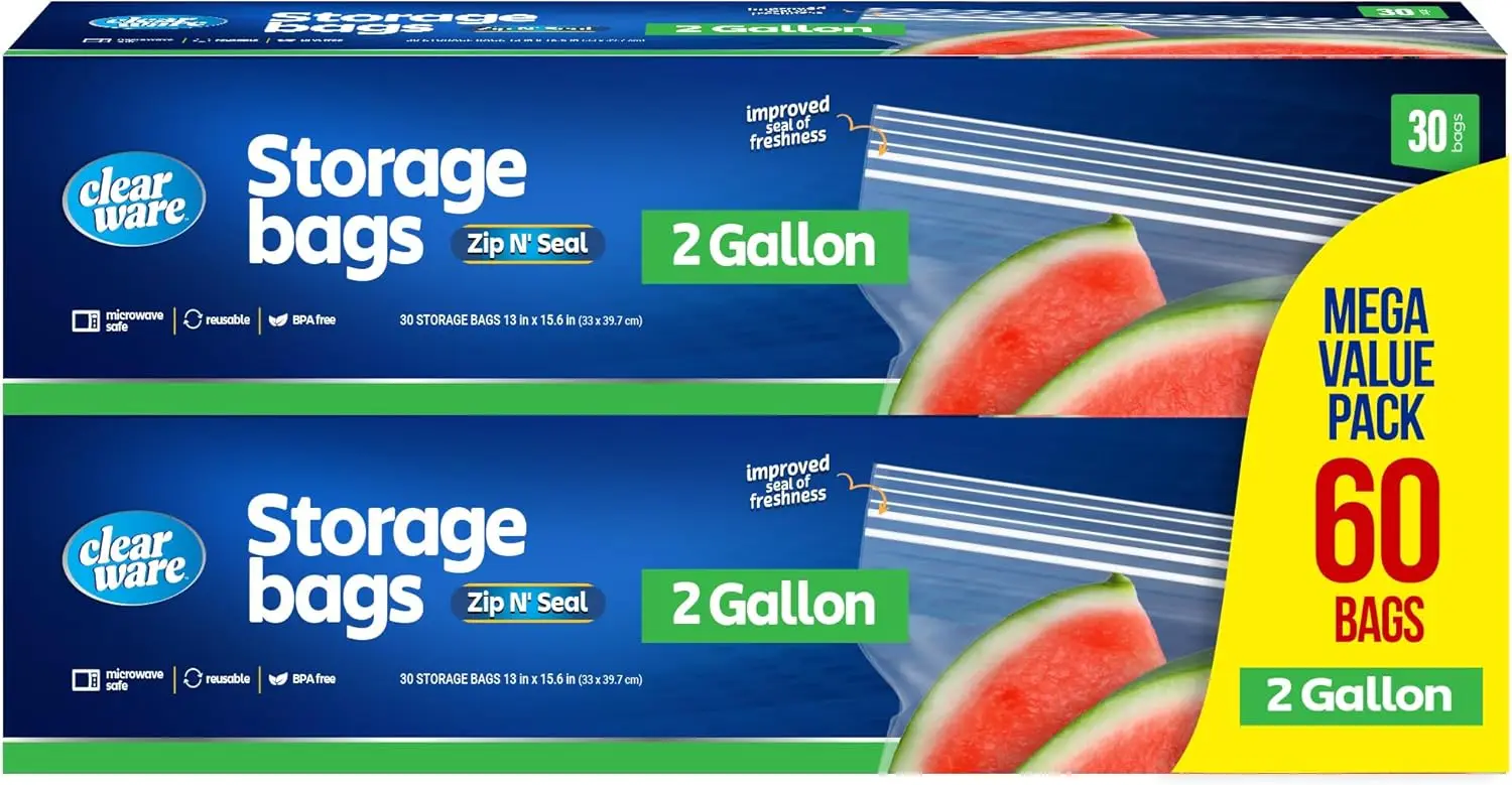 2 Gallon Double Zipper Storage Bags, 60 Count, Microwave-Sa…
