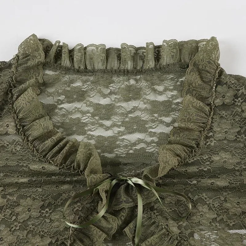 Modische Grüne Spitzen-Oberteile mit Bändern, Gothic Transparente Ausgestellte Ärmel, Crop-Mantel für Damen, Durchsichtige Patchwork-Club-Party-Glockenärmel-Blusen 2026 – Detail 9