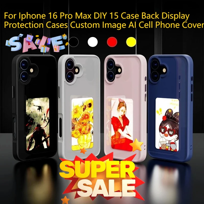 

For Iphone 16 Pro Max DIY 15 Case Back Display Protection Cases Custom Image AI Cell Phone Cover INK Screen Smart NFC Phone Case