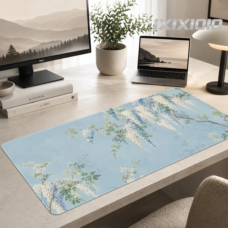 Mouse Pad Gamer Blue White Flowers XL Home HD Custom Mousepad XXL Soft Natural Rubber Carpet Office Accessories Mouse Mats
