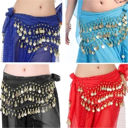 1PC Belly Dance 3 Row Belt Gold Tone Coins Belt Women 140cm Sequins Tassels Chiffon Hip Scarf Accessories for Bellydance Belts