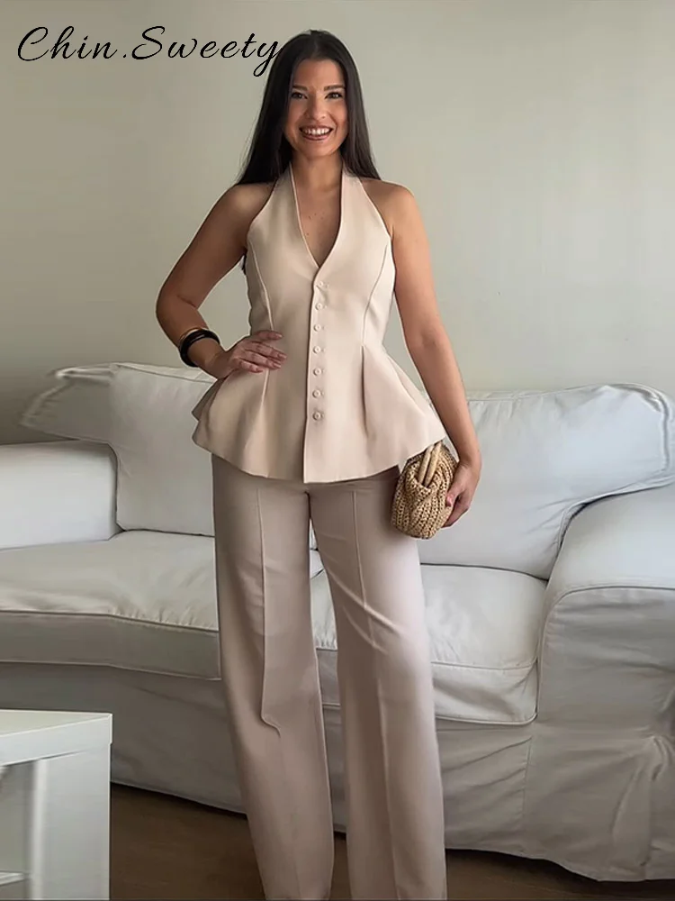 

Elegant Halter Ruffles Pants Sets Women Single Breasted Sleeveless Top High Waist Wide Leg Pant 2025 Summer Lady Commute Outfits