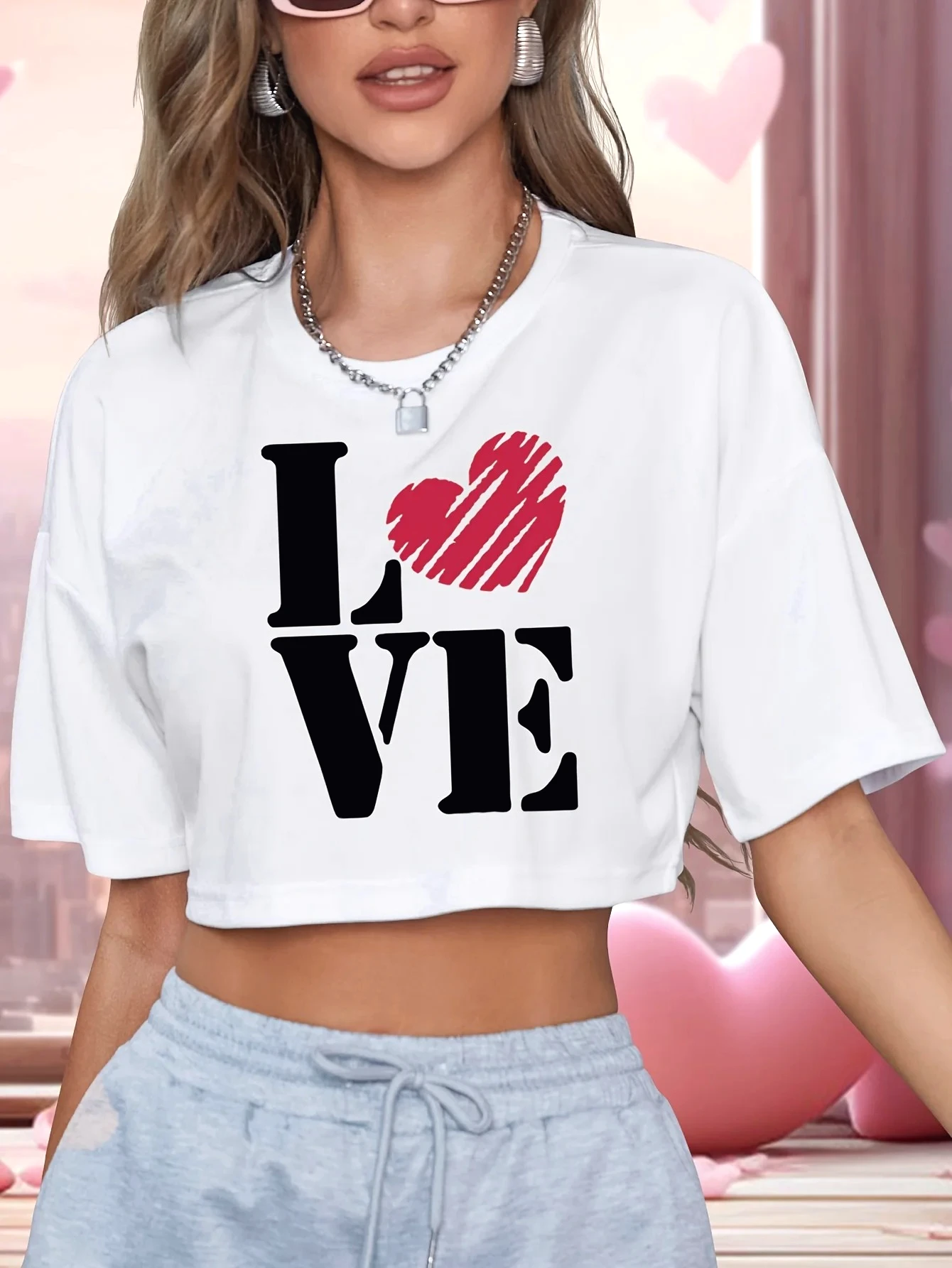 Y2K Graphic Baby Tee Crop - Valentines Graphic Print Cropped Crew Neck