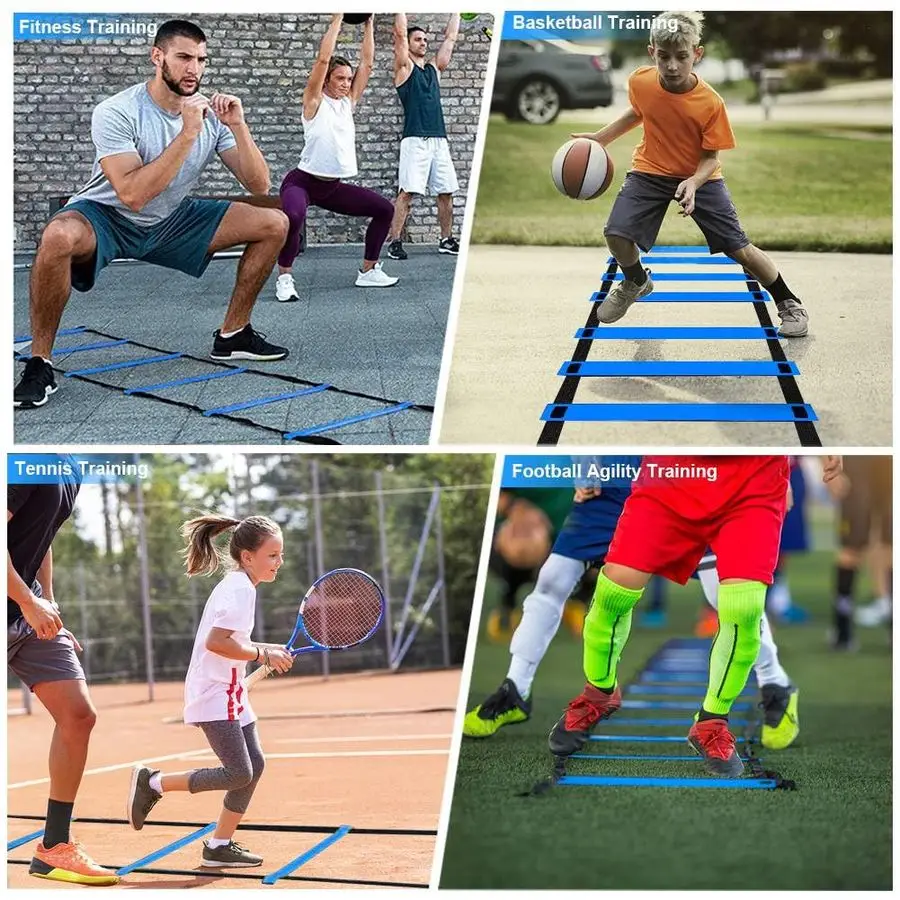 معدات تدريب خفة الحركة، تتضمن سلم خفة الحركة بطول 20 قدمًا، و6 أقطاب خفة الحركة قابلة للتعديل، و10 مخاريط قرصية، ومجموعة تدريب سرعة حبل القفز #6