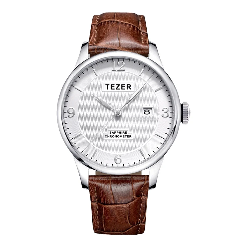 TEZER Men Quartz Watch | Brown Strap | Arabic Numeral Dial | Date Window | 30M Water Resistant Wristwatch