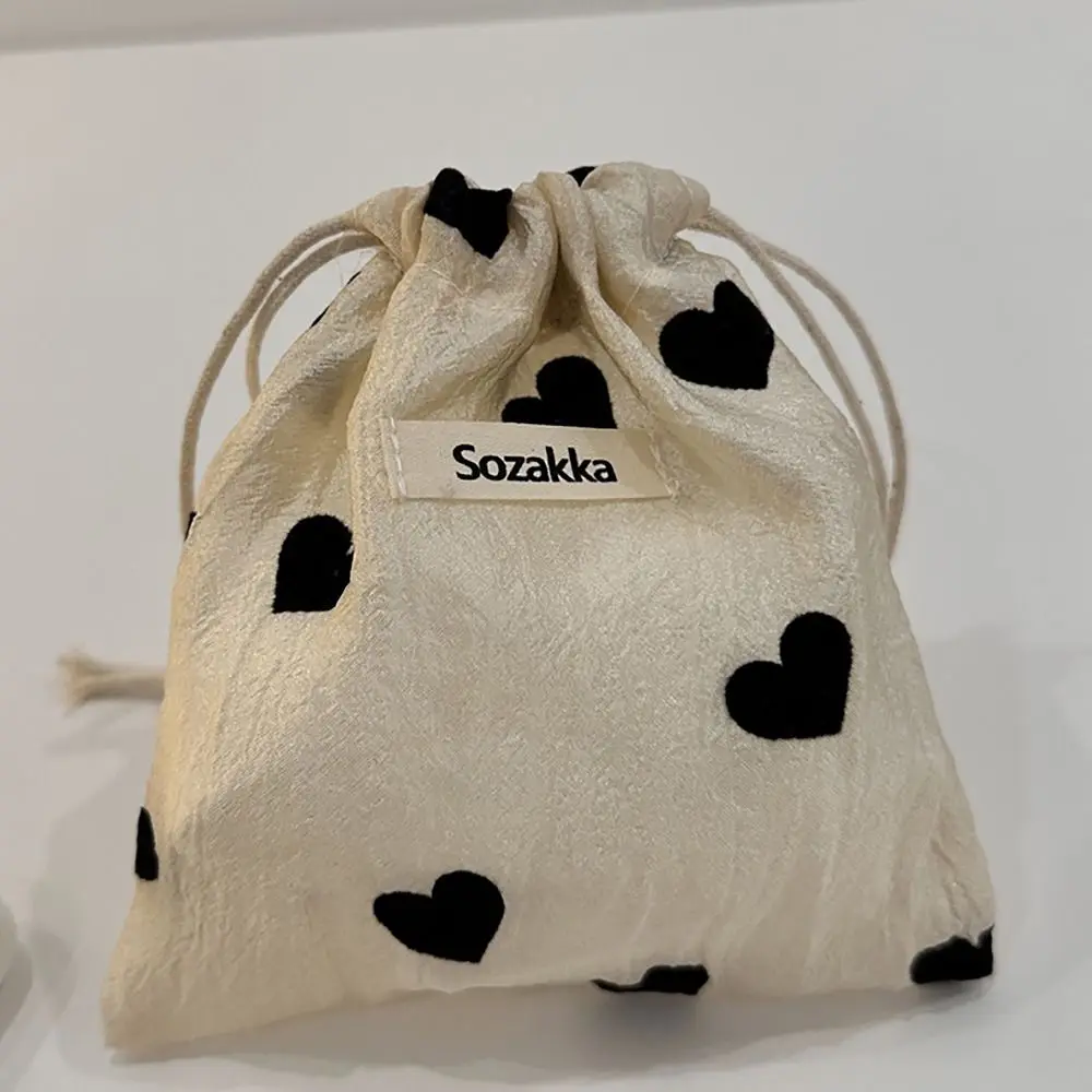 Polyester Love Drawstring Bag Pastoral Literary Style Coin Purse Pull Rope Pouch Champagne Jewelry Storage Bag