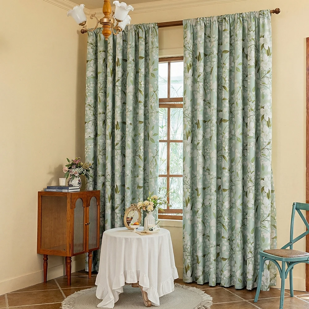 1 Piece, Mint Green Small Floral Print Blackout Curtain, French-Style Small Floral Print, Rod Pocket Top, Lightweight, Durable, Full Blackout Lining, Privacy Protection, Polyester Material, Washable, Home Blackout Window and Door Decoration for Nap Time, Suitable for All Seasons, Applicable to Bedrooms, Living Rooms, Offices, Weddings, Dates, Parties, Room Darkening