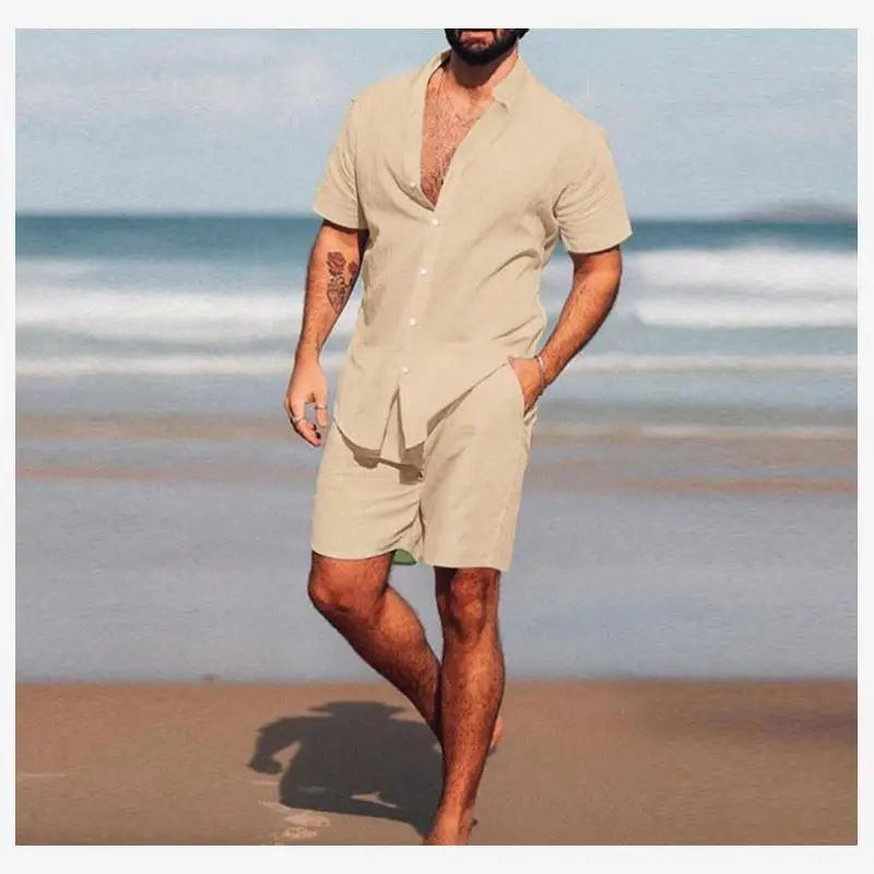 ملابس الشاطئ الصيفية للرجال طقم مكون من قطعتين من مزيج القطن ort Sve irt and orts ملابس شبابية عصرية مادة مختلطة #1