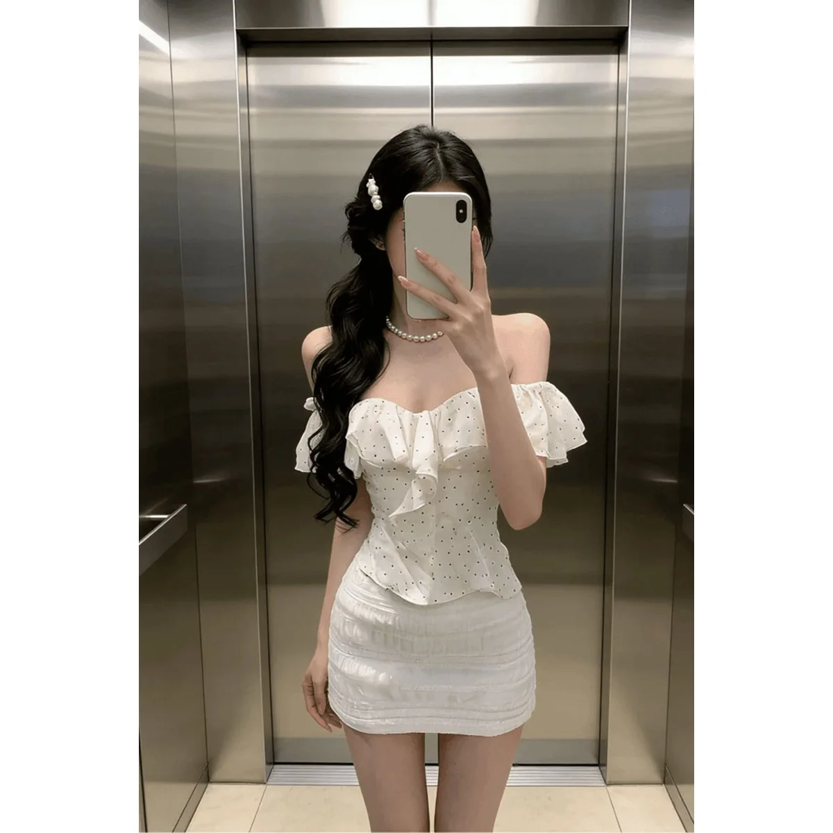 2026 Summer New Retro Polka Dot One-word Shoulder Ruffle Edge Top White Short Skirt Two-piece Set Women