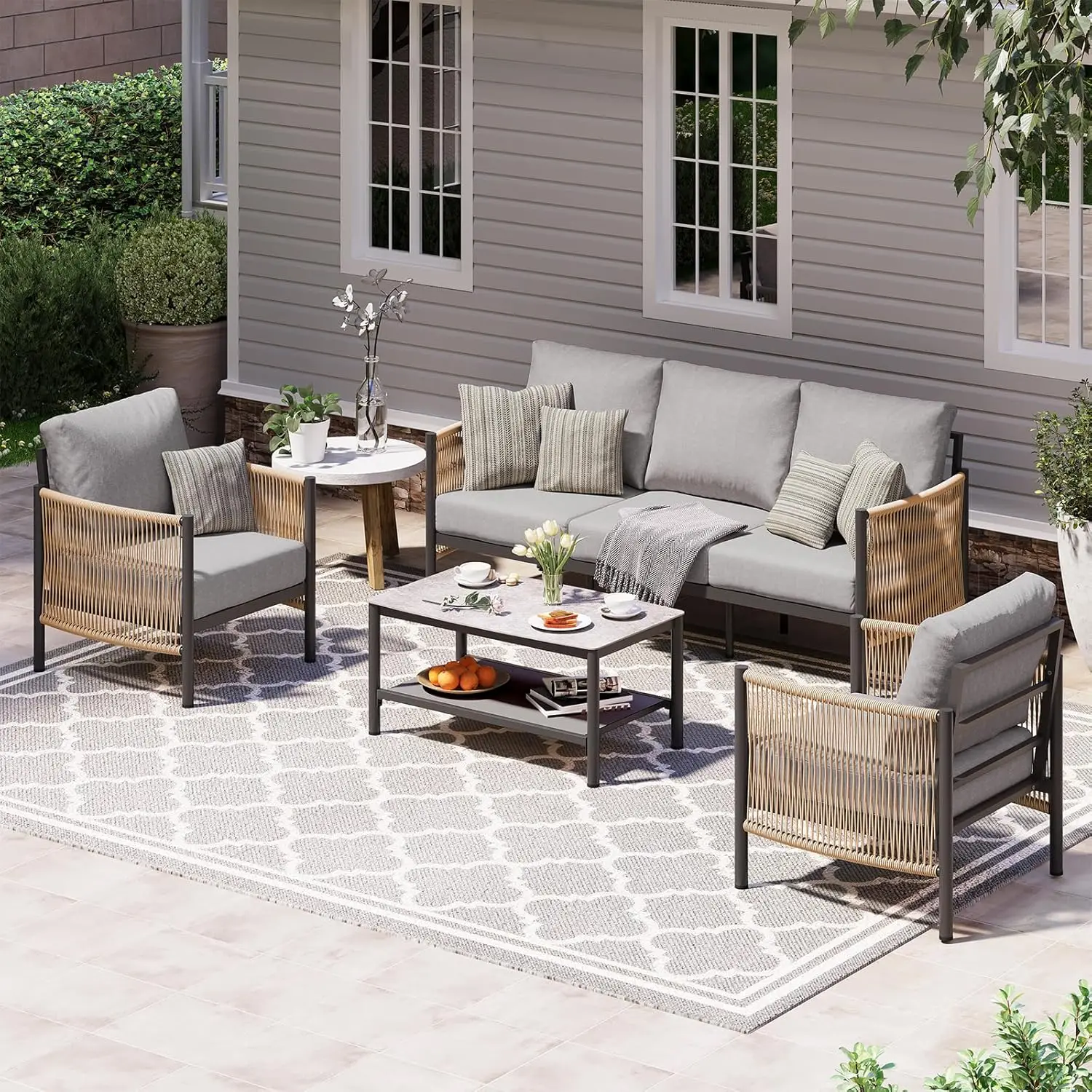 

Aluminum Outdoor Patio Furniture Set, HDPE Rope 4 Piece Modern Sectional Conversation Sets with Dual-Layer Coffee Table, All Wea