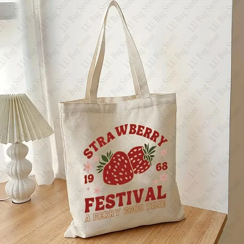 Cute Strawberry Pattern Tote Bag A Berry Good Time Casual Canvas Shopping Bags Reusable Grocery Shoulder Bag for Girls