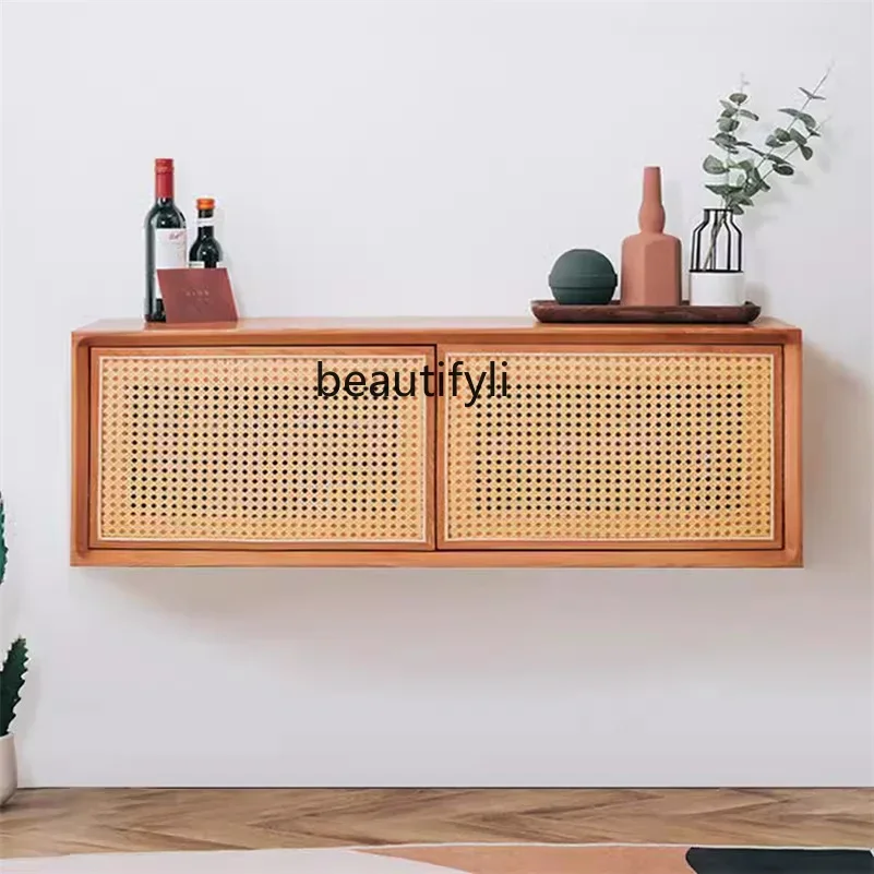 

Japanese-style solid wood rattan hanging cabinet sliding door bedroom TV cabinet wall simple locker