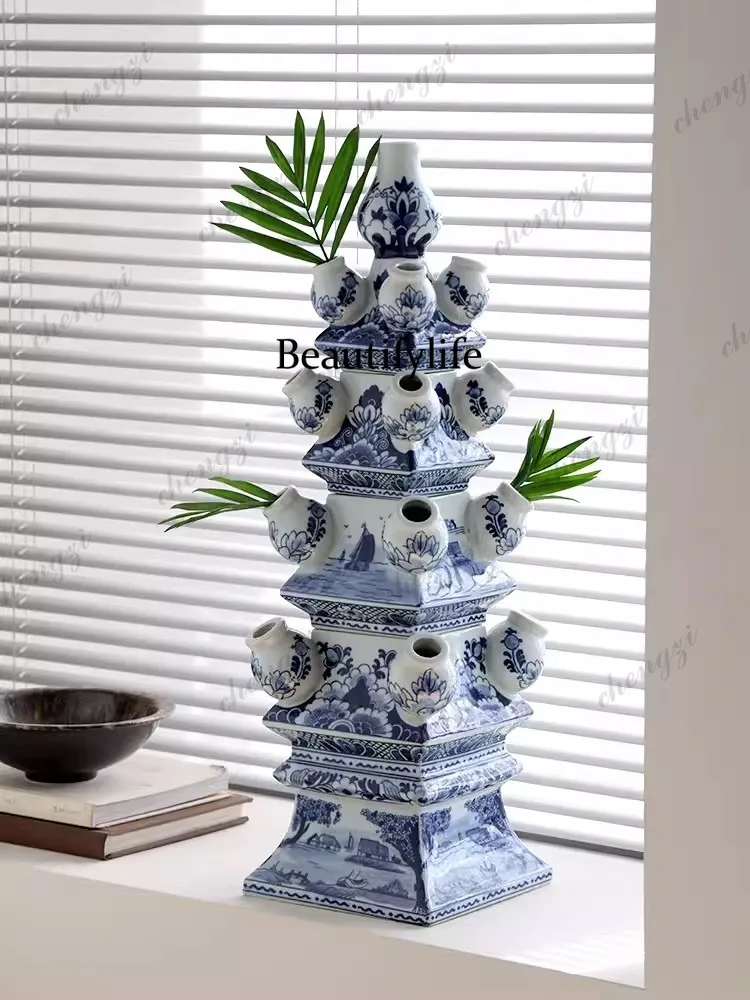 Jingdezhen Pagoda blue-and-white porcelain floral ware, high-end indoor floor-standing ornament, new Chinese vintage living room