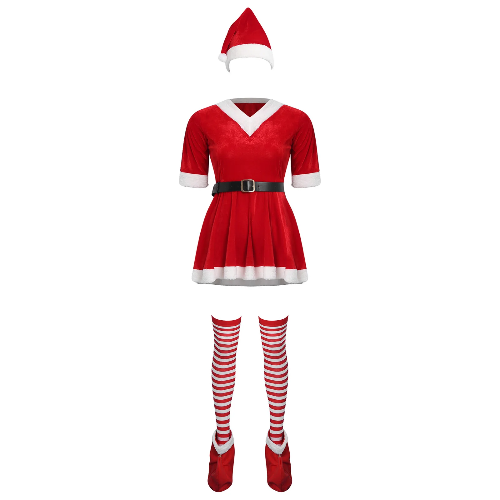 Women Mrs Santa Claus Outfits Open Front Long Sleeve Robe+Waist Belt+Striped Stockings+Hat+Gloves 5-piece Christmas Xmas Costume