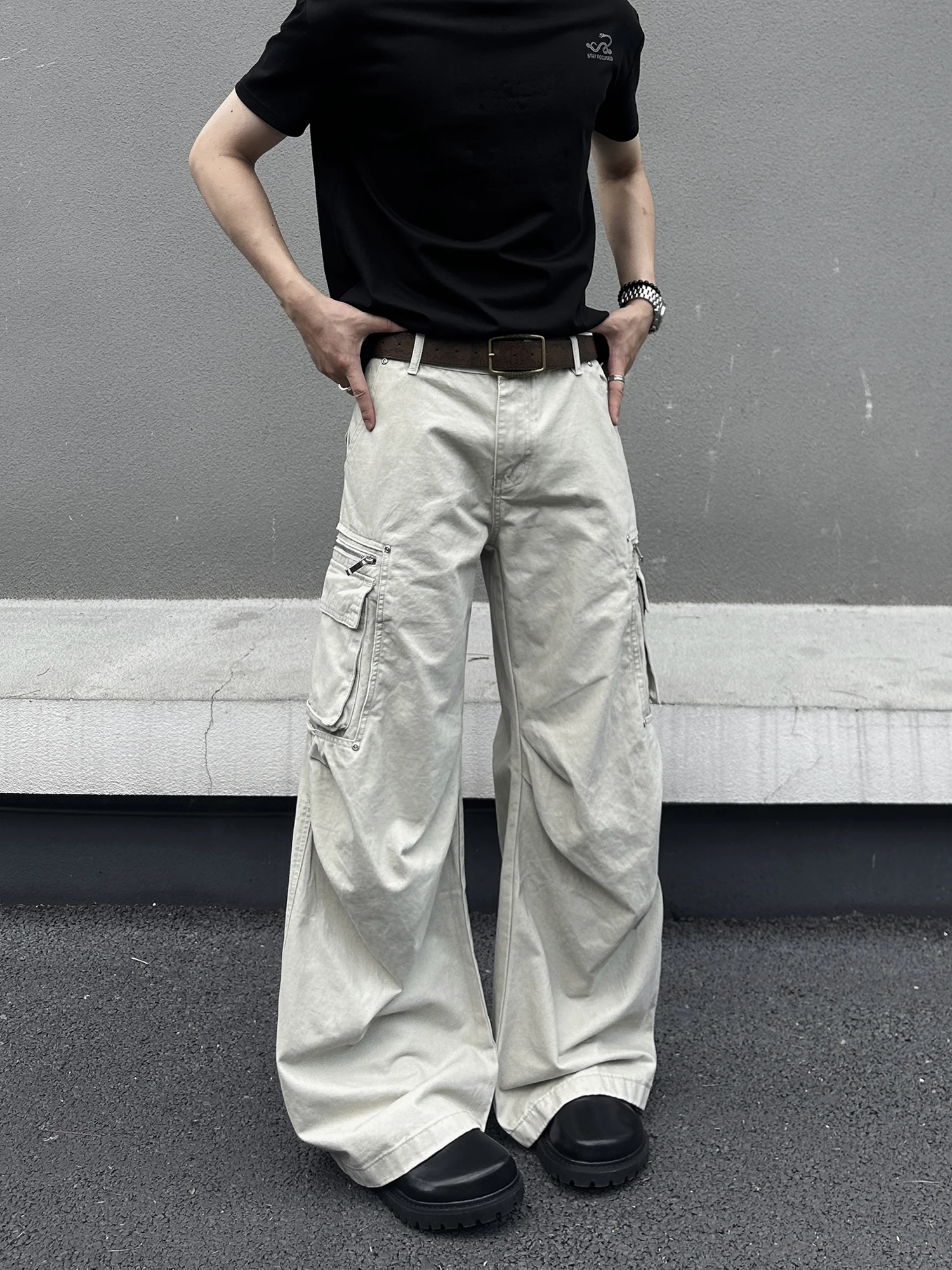 

EX American High-End Grey Pleated Multi-Pocket Work Pants Loose Wide Leg Men's Women's Lazy Loose Feeling Trousers Casual Style