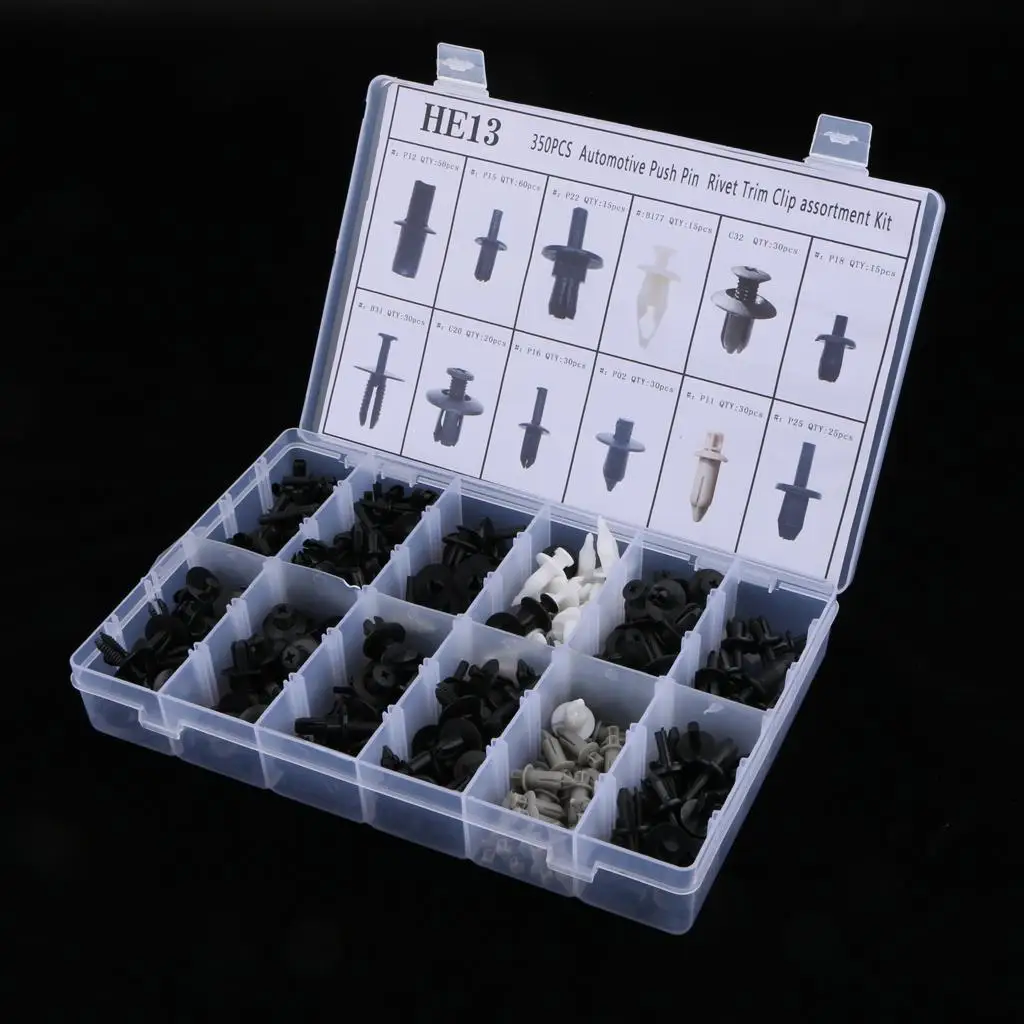 350 Piece Automotive Plastic Push Pin Rivet Panel Body Interior Assortment with Storage Box