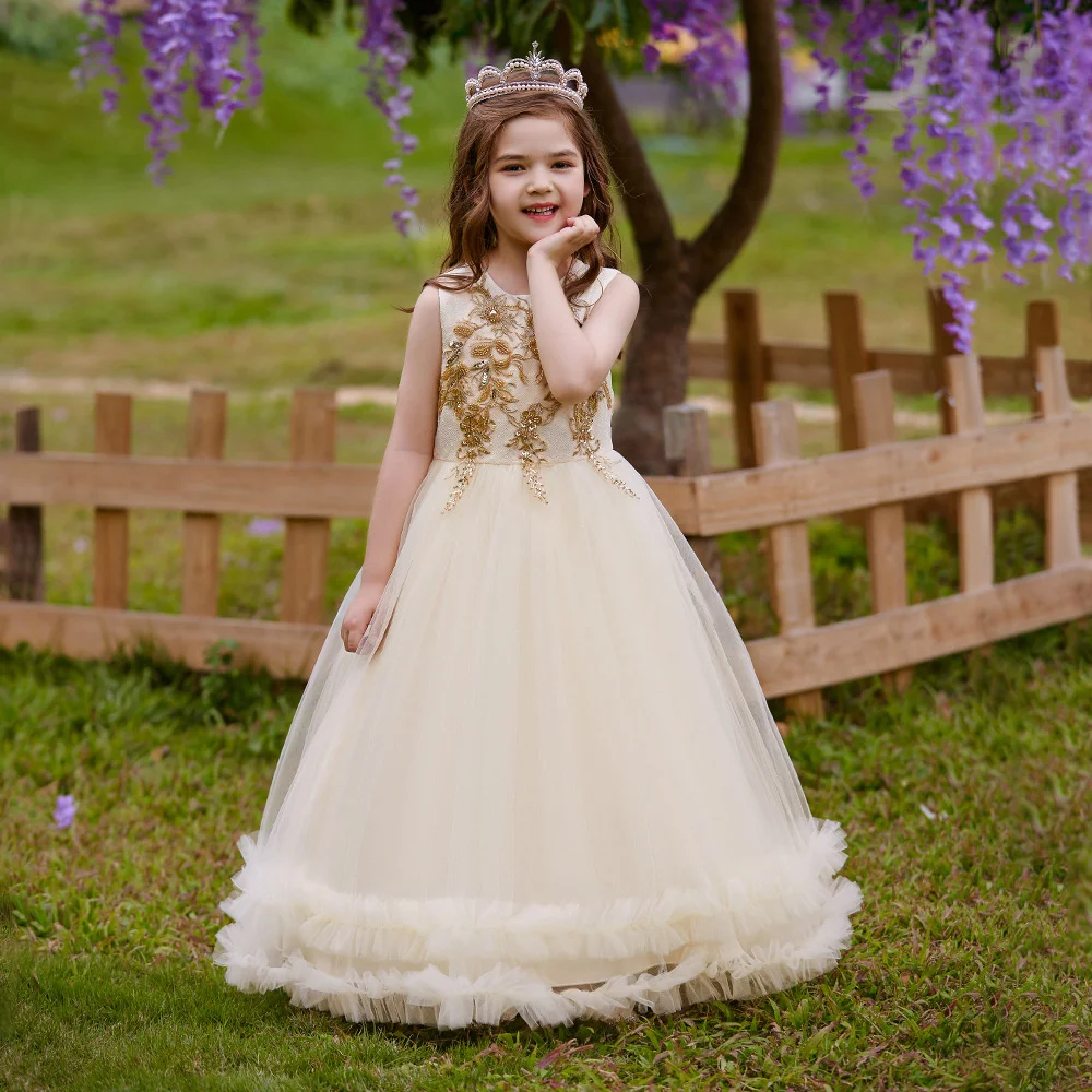 Vestido da menina de flor para o casamento sem mangas applique tule inchado até o chão com arco festa aniversário primeira comunhão vestidos baile