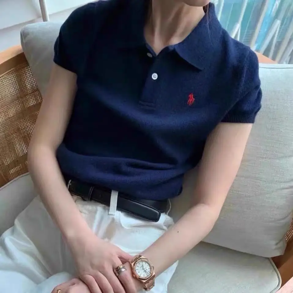 

Summer Knitted Wool Women's Short Sleeve Casual Solid Color Collar T-shirt Fits Tees Cool Hoodie POLO Collar Blouse Versatile