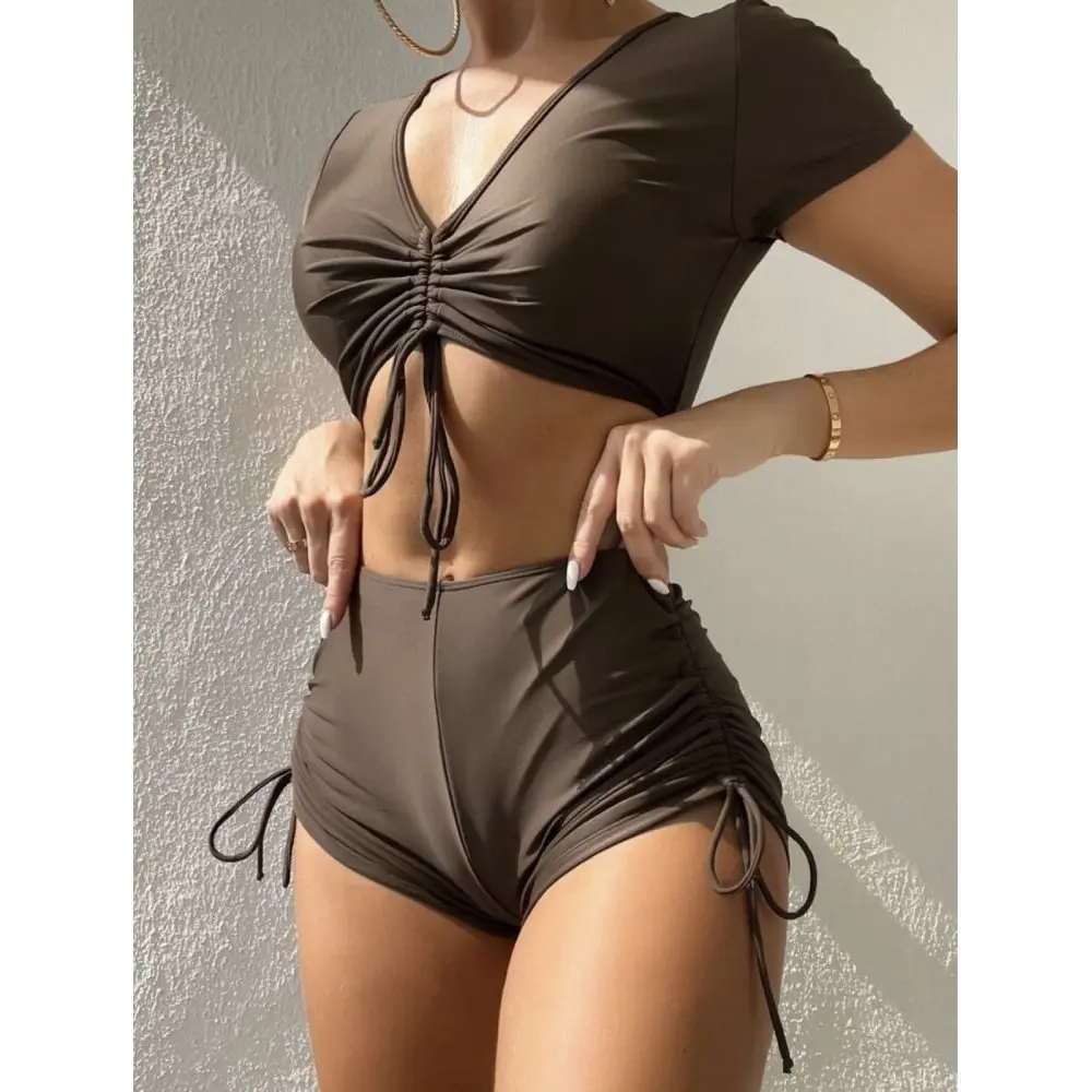 Cikini-Set Bikini tinta unita per donna, t-shirt arricciata con coulisse, pantaloncini Boxer, costume da bagno 2 pezzi, costumi da bagno estivi da spiaggia, costume da bagno