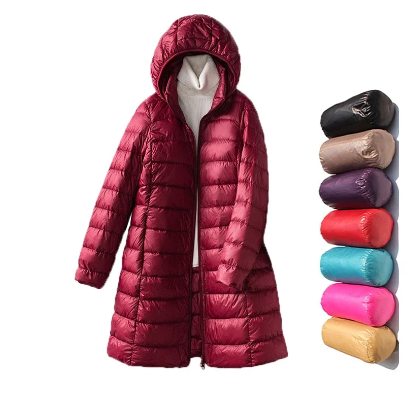 

Plus Size Hat Detachable Hooded Down Coat Winter Women Light Thin White Duck Down Jacket Parkas Ladies Long Warm Puffer Outwears