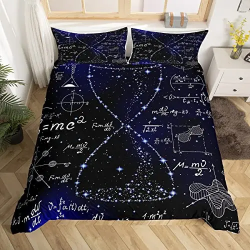 Science Bedding Set Hourglass Purple Galaxy Comforter Cover Physics Formula Duvet Cover for Boys Girls Math Equations Geometry