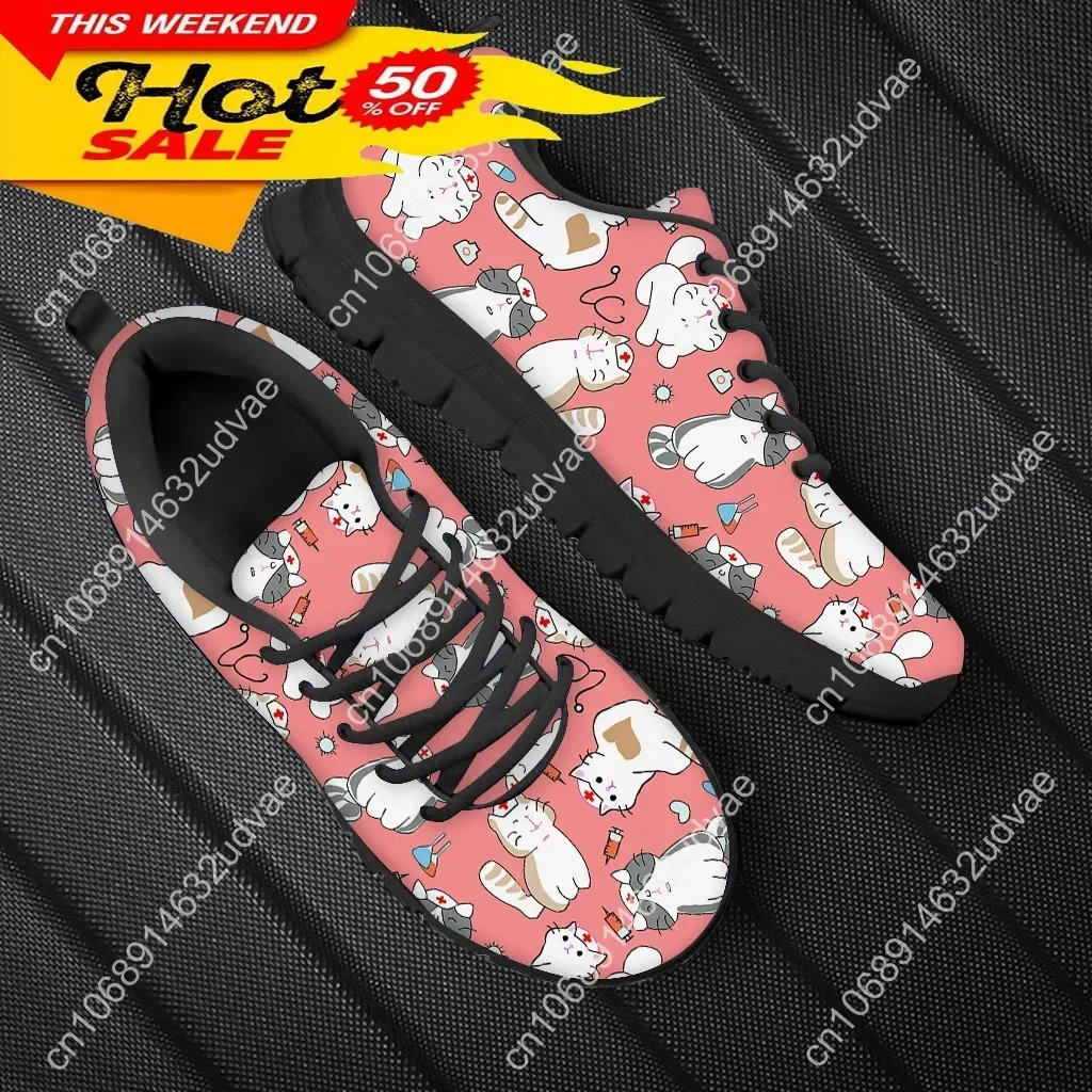 Women Nurse Sneakers Cartoon Cat Veterinary Print Lightweight Mesh Flats Ladies Casual Winter Cute Nursing Shoes New