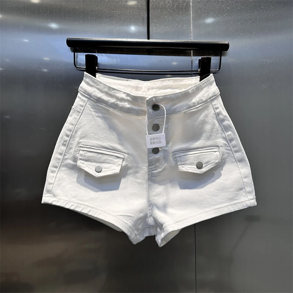 Women High Waist White Denim Shorts Summer Multi Button Flap Pocket Slim Fit Stretch Shorts Streetwear 2026 New Hot Pants