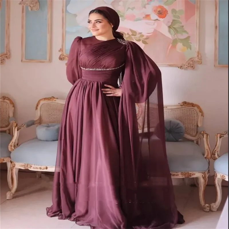 فستان سهرة عربي برقبة دائرية مخصص إسلامي أنيق شيفون مطوي مطرز على شكل حرف a وأكمام طويلة لحفلات الزفاف وحفلات الزفاف