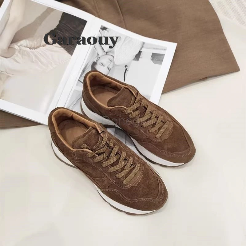 Garaouy 2024 New Women Spring Autumn Fashion Vintage Suede Lacing Flat Sneaker Simple Casual Versatile Thick Soled Shoes Female