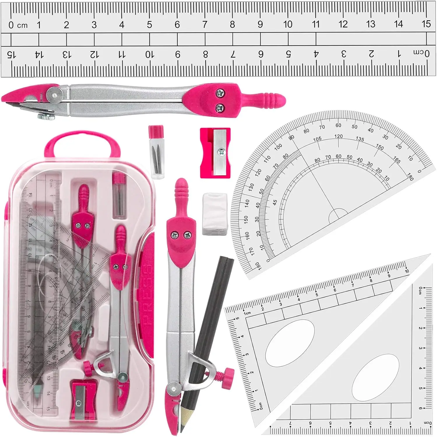

Pink Geometry Set for Students, Compass & Protractor in Case