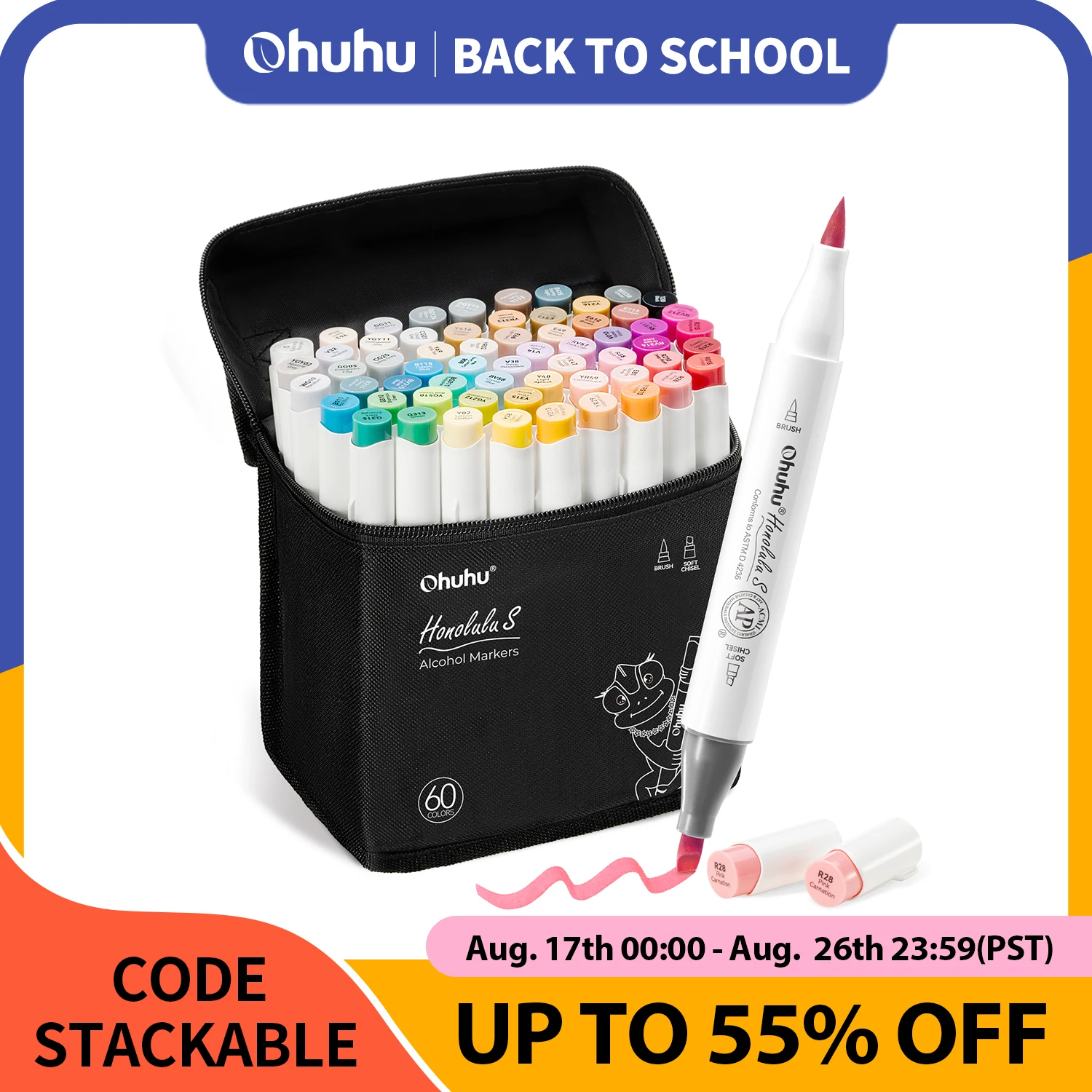 Ohuhu Honolulu S 60 Illustrationsfarben, Markierungsstift-Set, Alkohol-Kunstmarker, rotes Punkt-Design, zwei Spitzen, Skizzieren, Zeichnen, Ausmalen