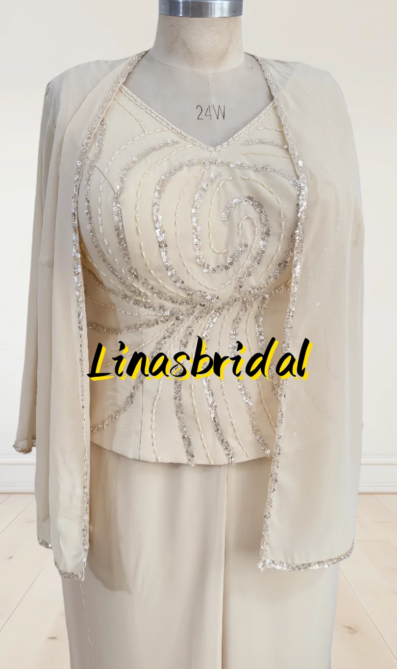 Jumpsuit / Pantsuit 3 Piece Mother of the Bride Dress Formal Wedding Guest V Neck Floor Length Chiffon with Beading Sequin 2026