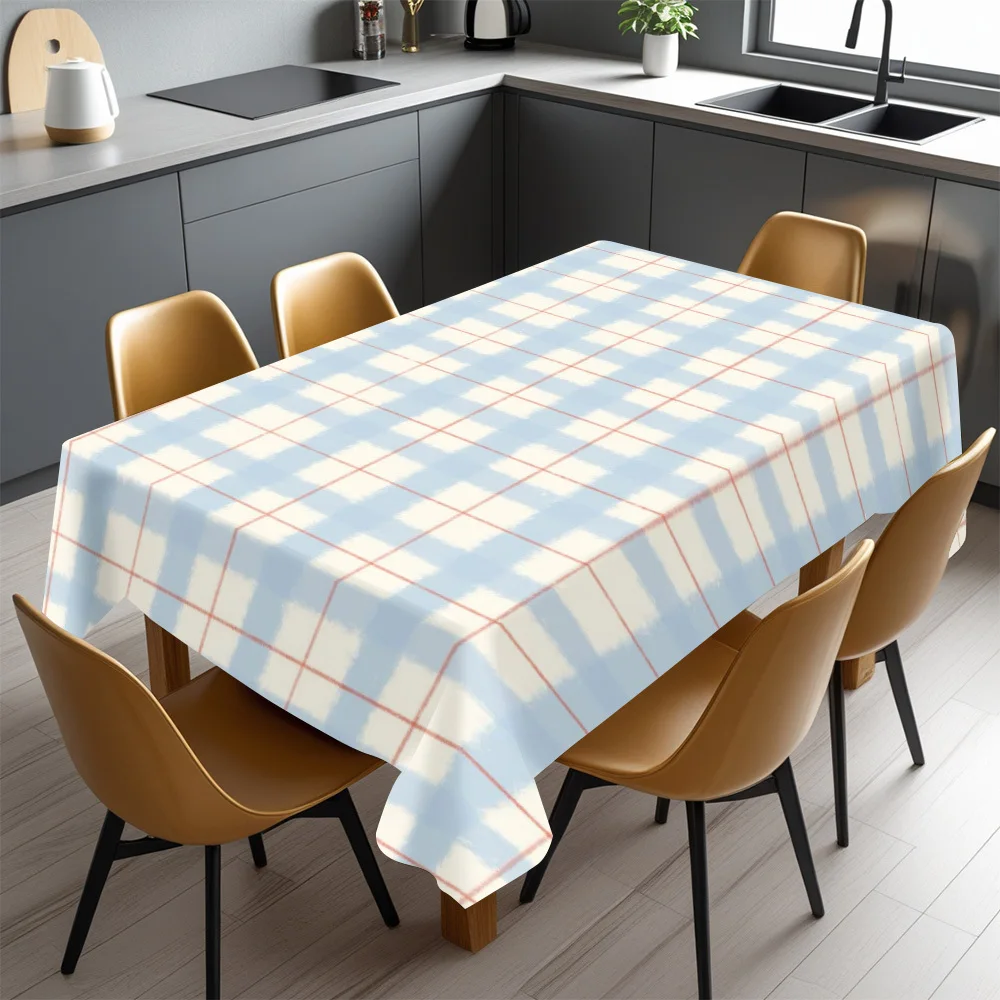 Light Blue Gingham Tablecloth, Pale Blue White Base Plaid Art Print,Anti-stain Table Cover for Dining Table & Family Party Decor