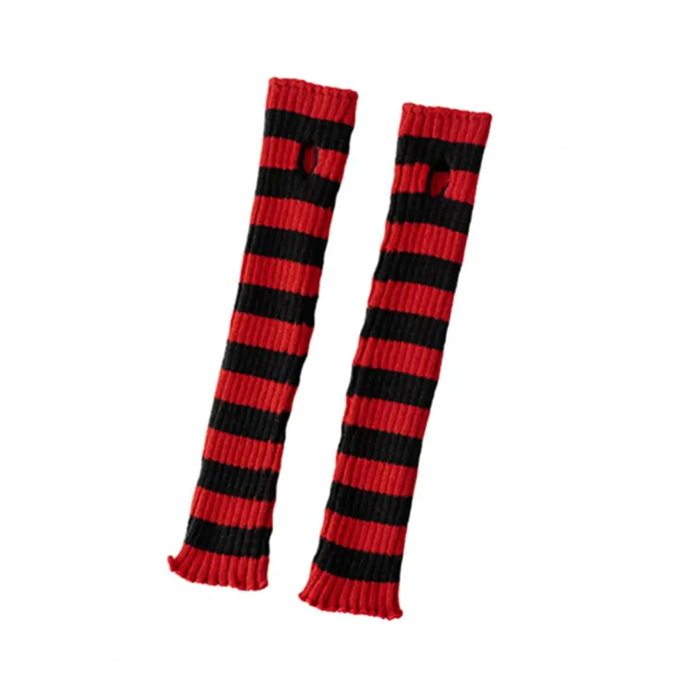 Unisex Arm Warmer Stretch Knit Gloves Red-black Striped Arm Warmers with Thumbhole Design for Women Unisex Elbow for Warmth