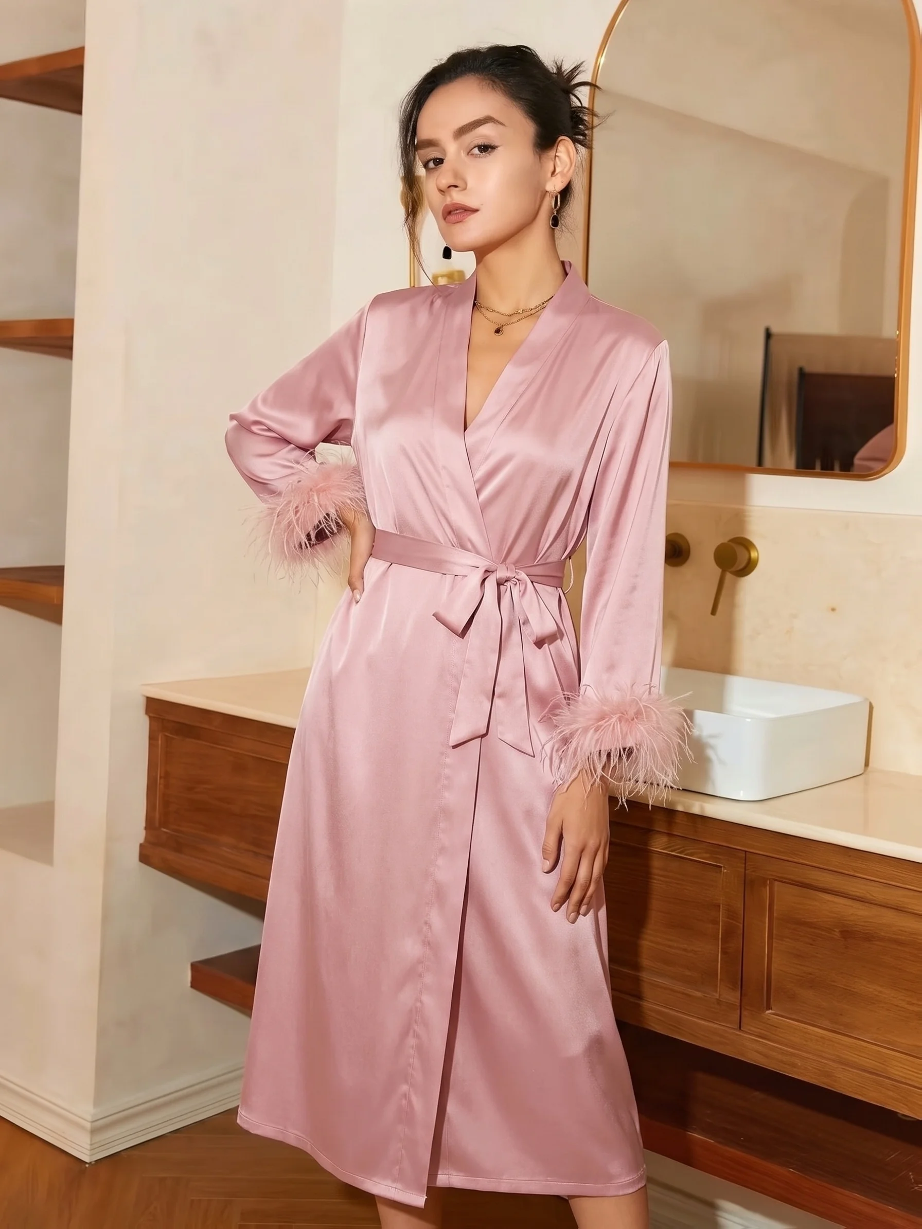 Women's Acetate Imitation Silk Robe, Luxury Palace Style Sleepwear with Faux Feather Cuffs & Adjustable Waist Belt, Elegant Bridal Morning Gown Loungewear