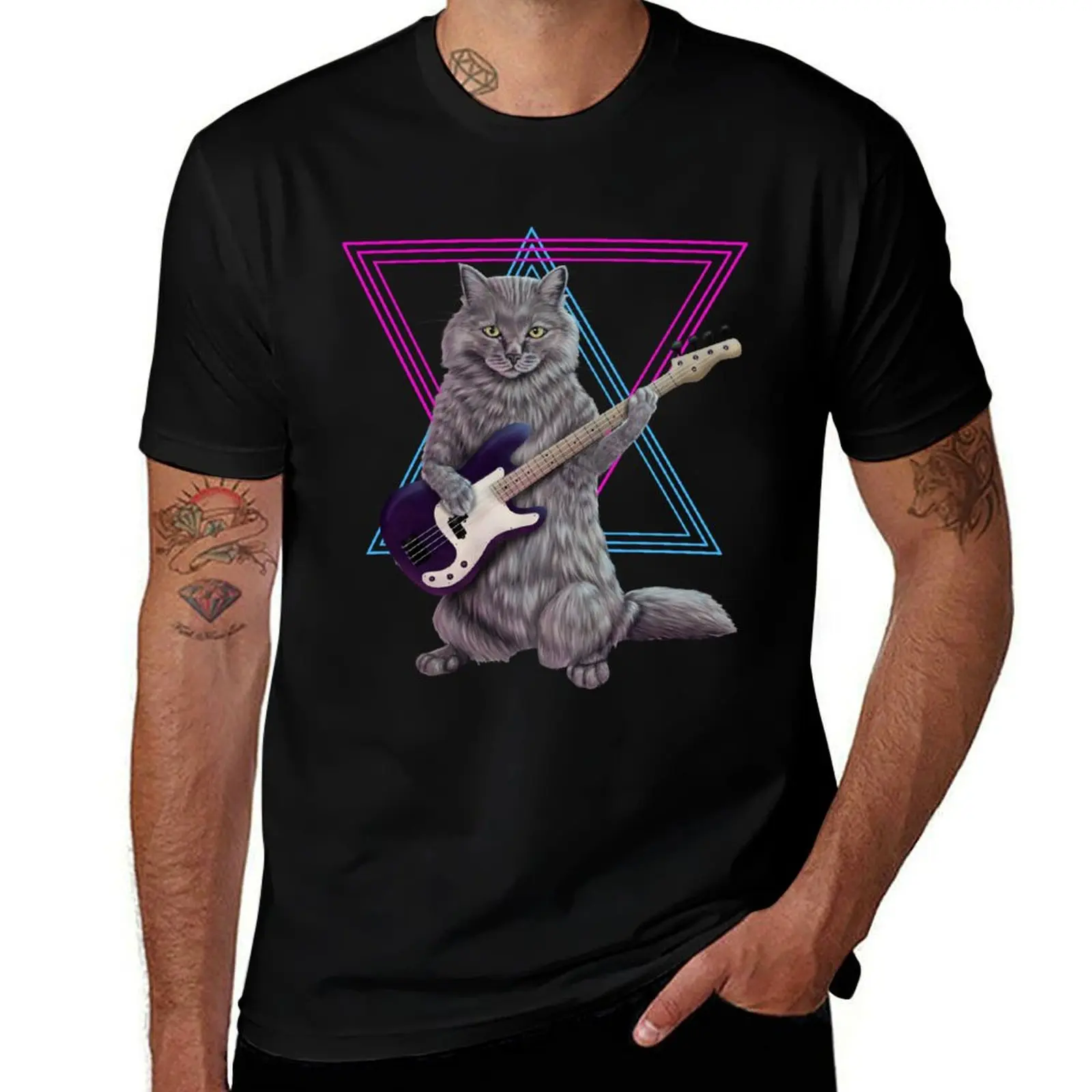 

Bass Cat- Rock band kitty playing the bass guitar T-Shirt boys animal print Short sleeve tee fitted t shirts for men