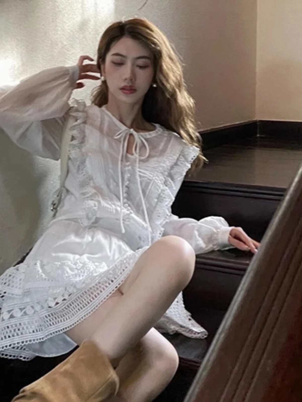 White Romantic Lantern Sve irt Women's Spring Autumn High Waist Lace f Skirt Long Sve Set Faionable Ensemble