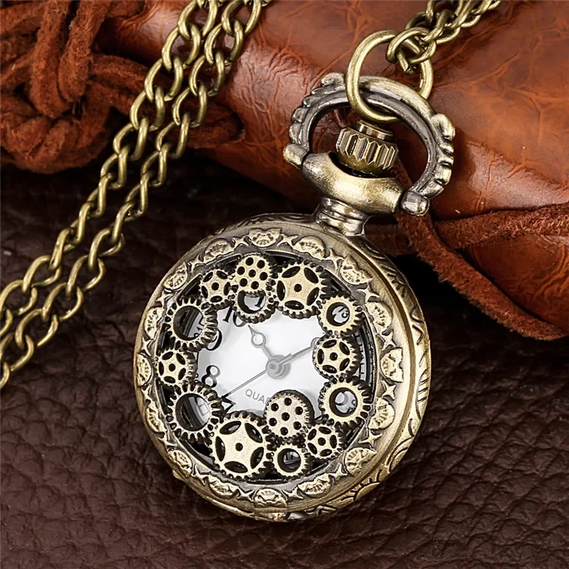 Bronze Hollow Out Gear Cover Men Women Quartz Analog Pocket Watch Arabic Numeral Necklace Chain Small Size Timepiece reloj