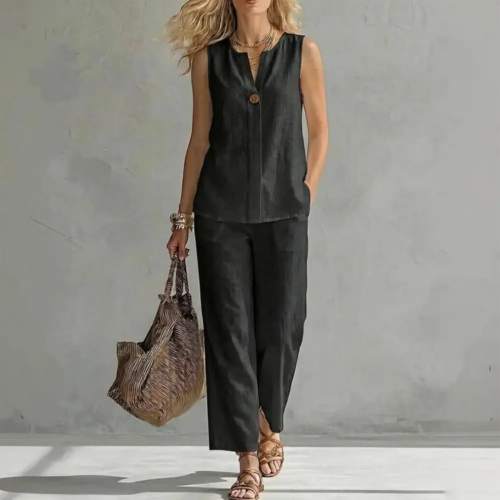 2 Piece Cotton Linen Sets for Women, Sleeveless V Neck Tank Top And Wide Leg Pants Casual Lounge Outfits with Pockets