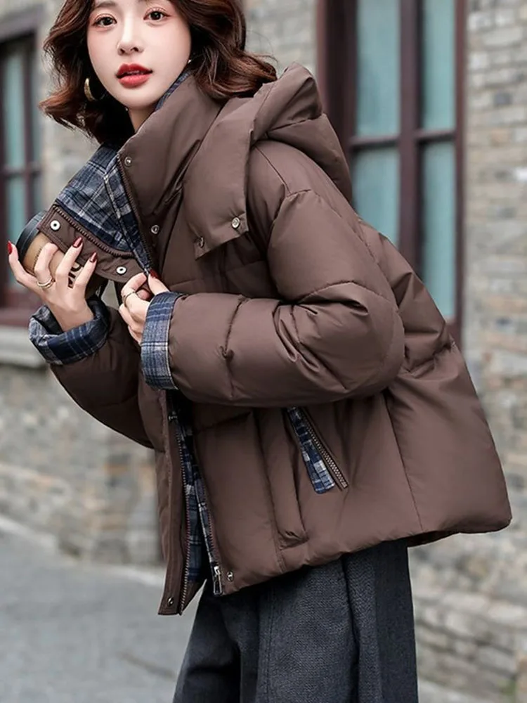 Inverno quente engrossar outerwears feminino casual solto com capuz zíper design jaquetas topos coreano manga longa para baixo algodão chaquetas novo