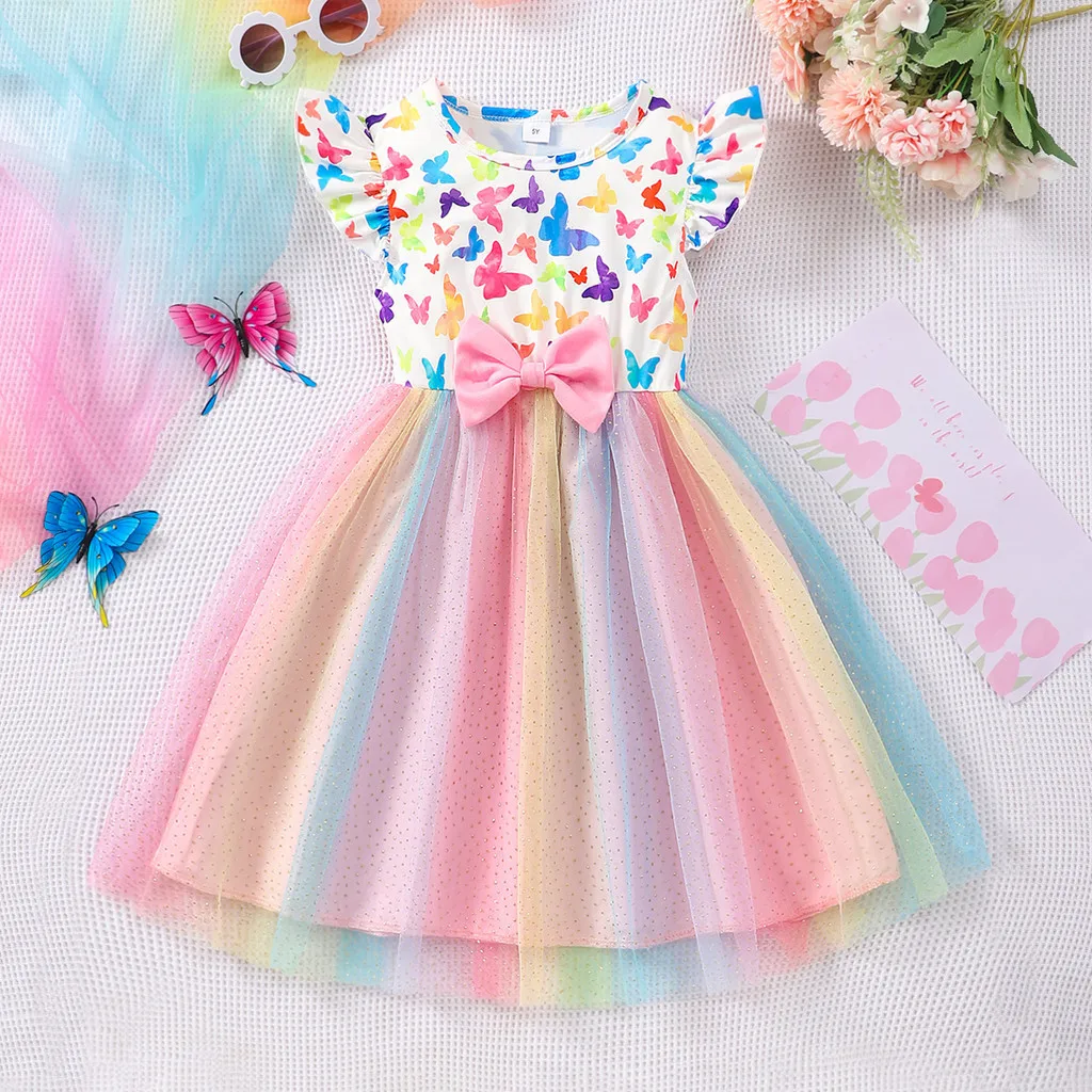 Kids Dress for Baby Girls Clothing Short Sleeve 3 4 5 6 7 Years Old Summer Casual Children Clothes Butterfly Unicorn Girls Dress