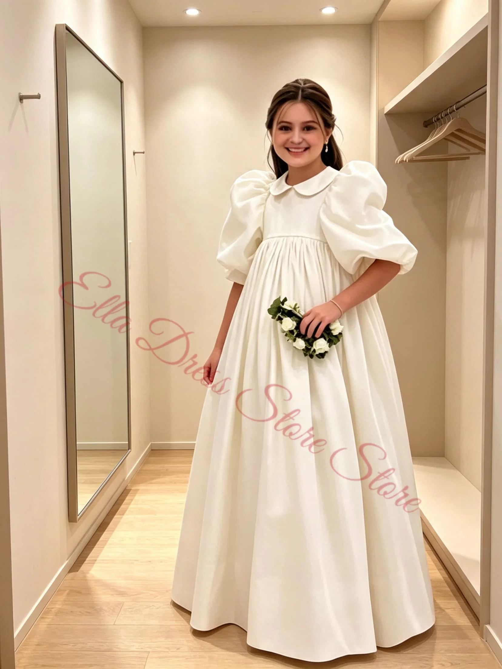 Elegantes Mädchenkleid Blumenmädchenkleider für Hochzeiten Satin Bodenlang Flauschiges Prinzessinnen-Abendkleid Ballkleid Maßgeschneidert Großhandel – Detail 4