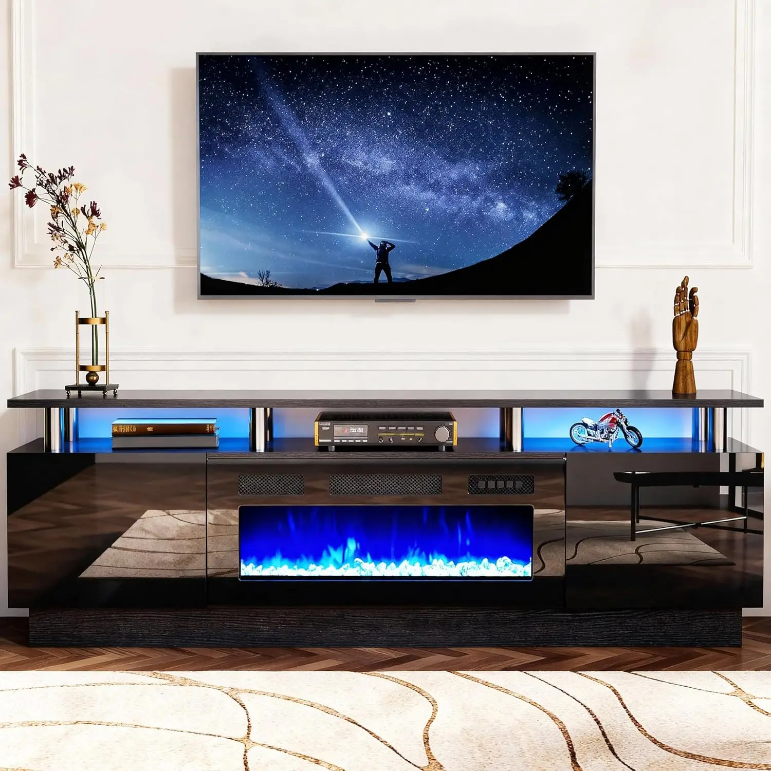 

2 Tier TV Console Stand with 36" Electric Fireplace, LED Light Entertainment Center for TVs Up to 80" for The, Customized