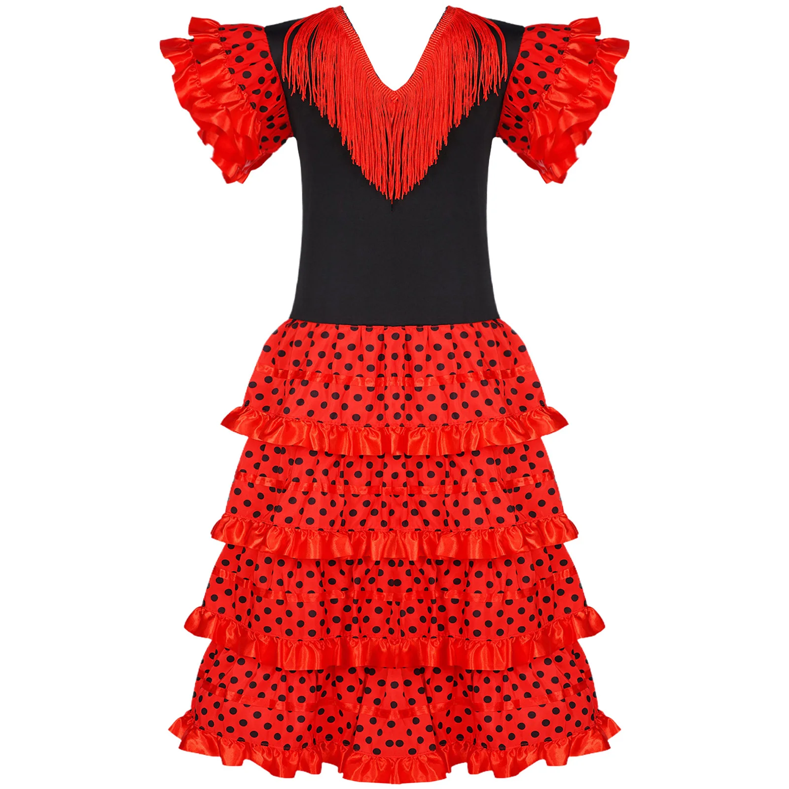 Spanish Costume Girls Long Red Flamenco Dress Ballroom Skirt Gypsy Style Dance Dresses Costumes Bullfight Festival Clothes