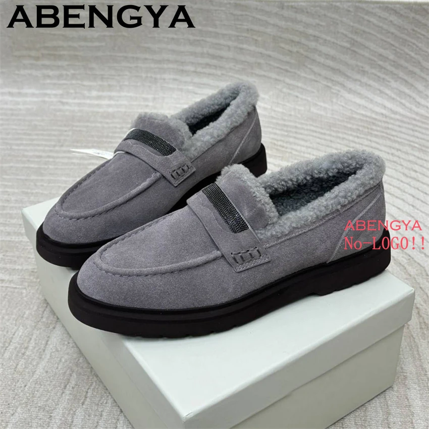 

2025 Winter Classic Wool Lining Flat Loafers Shoes Women Suede Leather Slip On Flat Shoes Casual Warm Fur Boots Zapatos Mujer